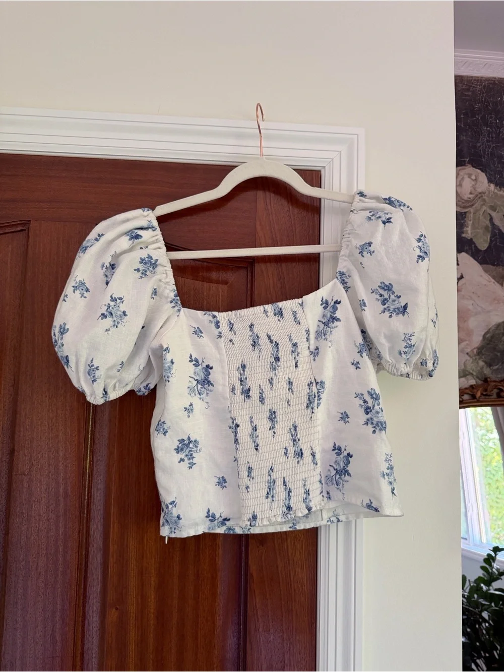 Reformation Marella Linen Top- Blue White floral print